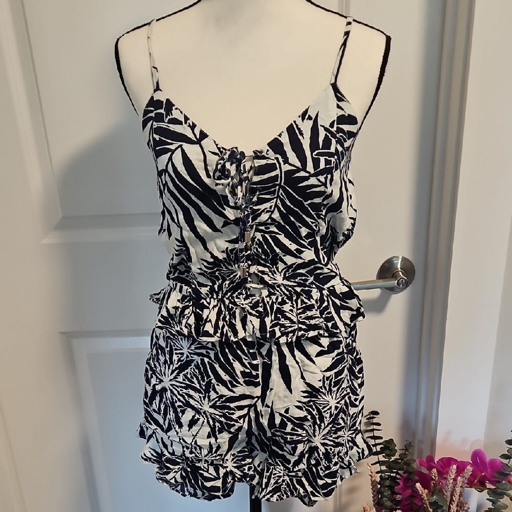 Blue Island Navy and Cream Leaf Print 2 Piece Set